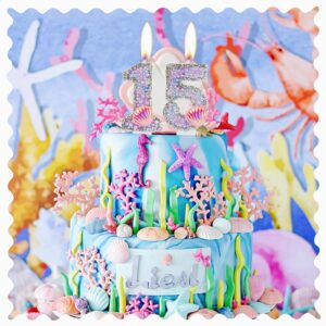 iNINGER Girls Glitter 7th Birthday Number Candle,Glitter Mermaid Number 7 Candle with Pink Shell Sequins,Pink Purple Pearls Cake Candles for Girls Mermaid Themed Birthday Decorations Party Supplies