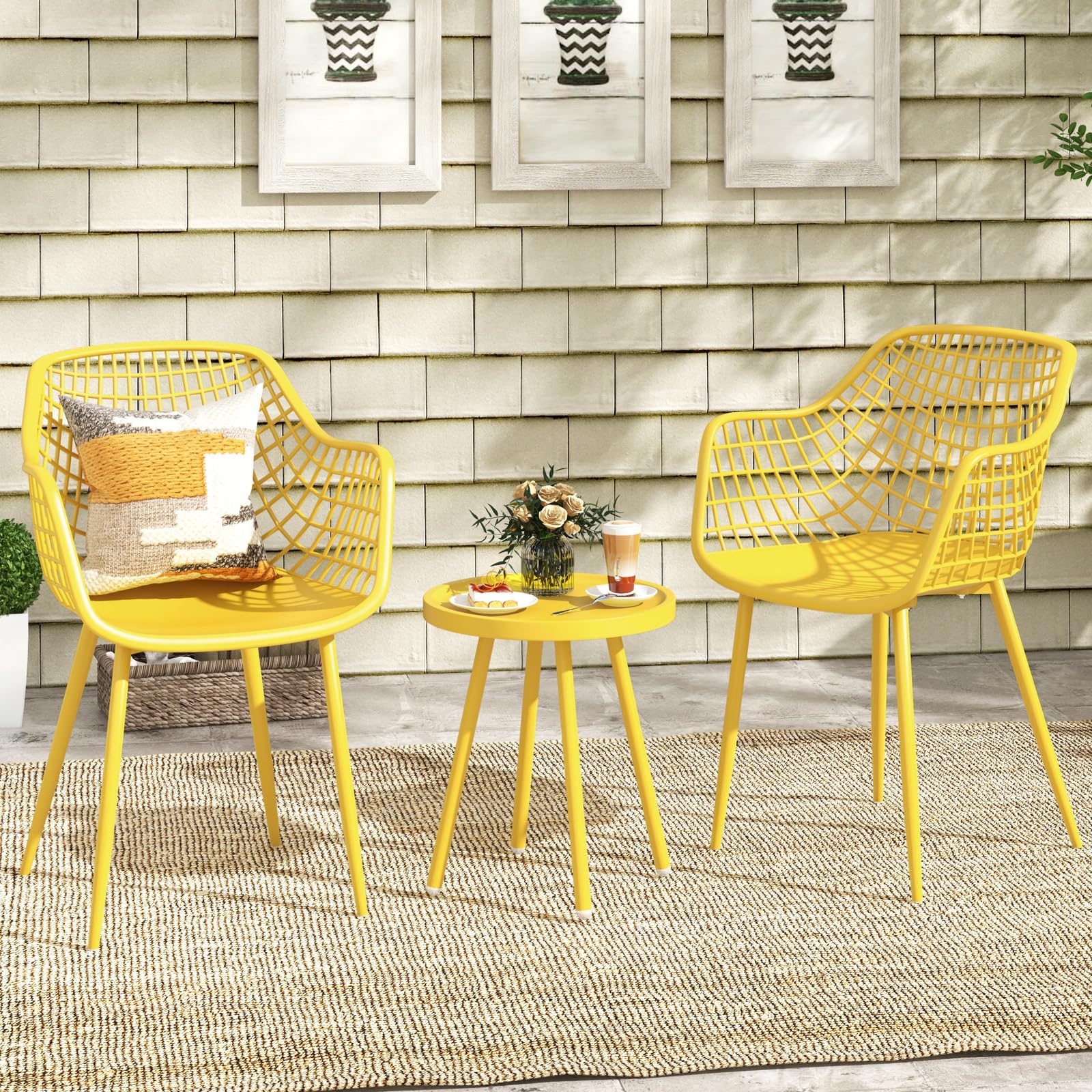 Tangkula 3 Piece Patio Bistro Set, All Weather Heavy Duty Table and Chairs Set of 2 with Widen Seats, Outdoor Furniture Set for Porch, Balcony, Backyard (Yellow)