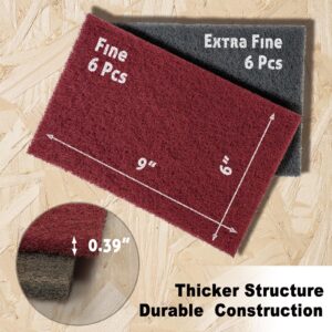 MeshMight 6" x 9" Non-Woven Scuff Pads, Scouring Pad, Box of 12: 6 Fine Grade Maroon Color, 6 Extra Fine Grade Grey Color; Aluminum Oxide Abrasive, Extra Durable and Thick, for Perfect Surface Finish