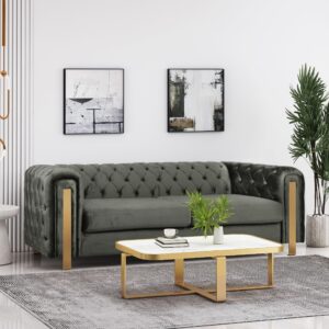 olodumare modern velvet chesterfield 3-seater sofa for living room, luxury contemporary aristocratic victorian loveseat couch with gold accents for small space, elegant button tufted furniture, grey