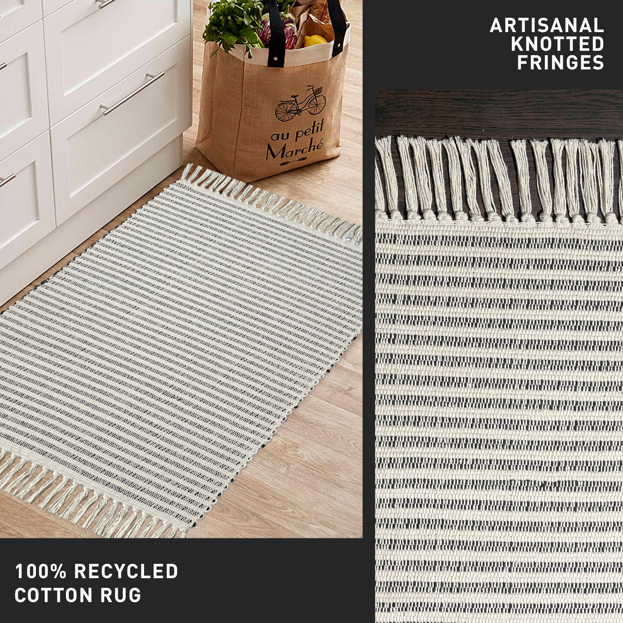 Chardin home Black & Ivory Providence Throw Rug 2x3 feet |Hand Woven Farmhouse Rug | Great in Kitchens entryways doormats Bathrooms Meditation Mat | Machine Washable & Reversible Cotton Rug