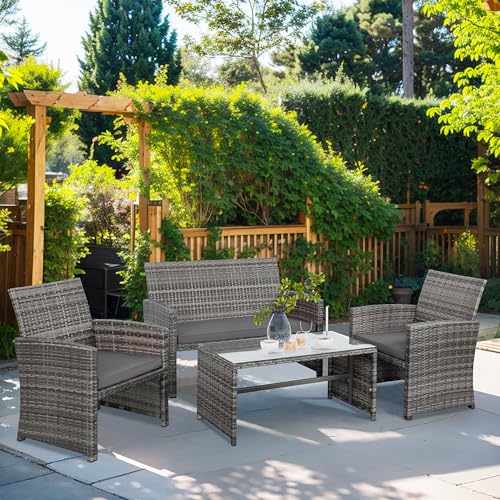 Shintenchi 4-Piece Outdoor Gray Wicker Patio Conversation Furniture Set, Rattan Patio Furniture Set with Weather Resistant Cushions and Tempered Glass Tabletop,Grey