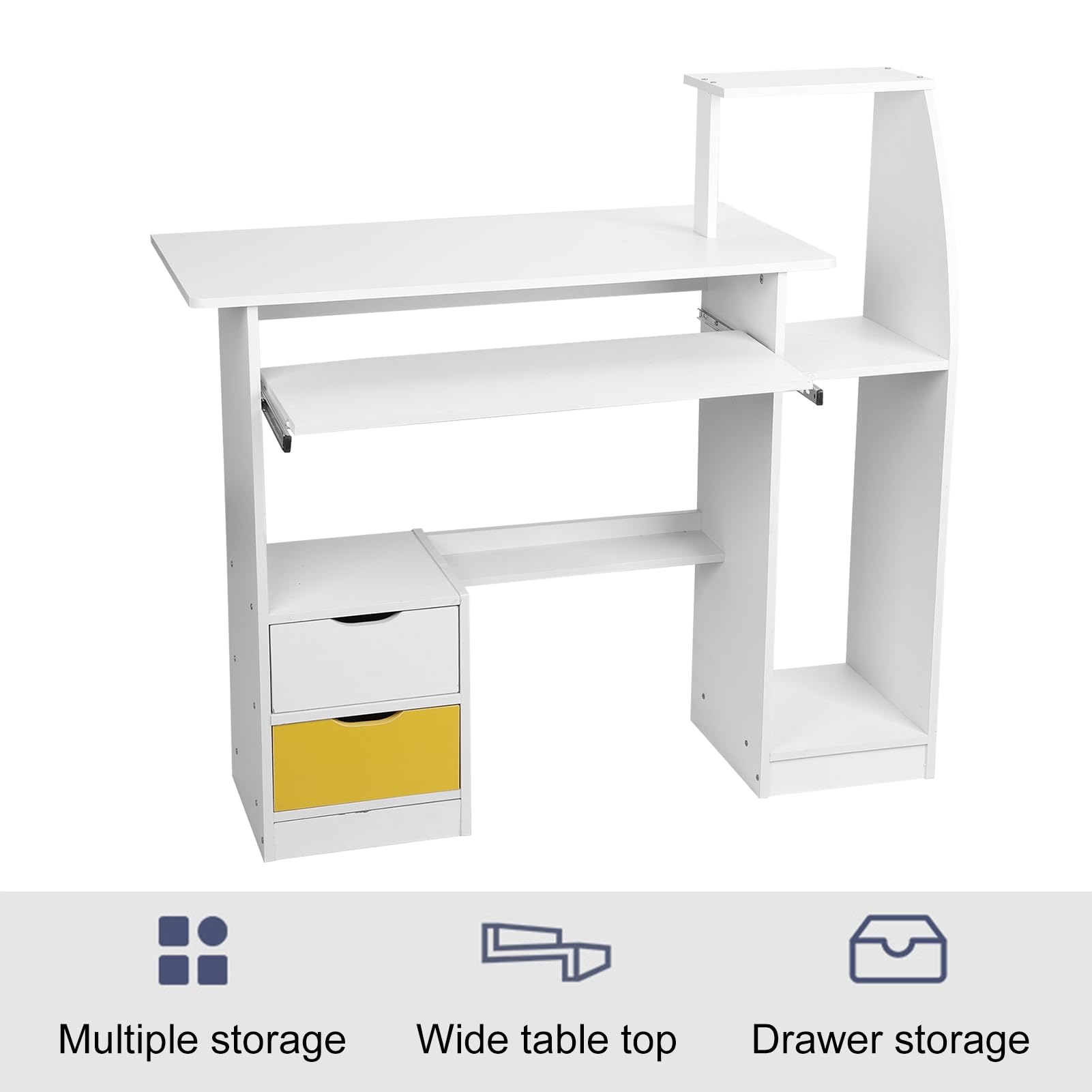 Honrane Computer Desk with 2 Drawers and 3 Hutch Shelves, 47" Gaming Desk with Wide Desktop and Keyboard Drawer, Wood Home Office desks,Modern Writing Desk White