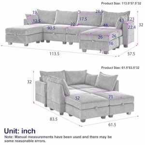 6 Seater Oversized Free Combination Convertible Modular Sectional Sofa, U / L Shaped Extra Large Corduroy Reversible Sleeper Corner Couch with Storage and Movable Ottomans for Living Room Apartment