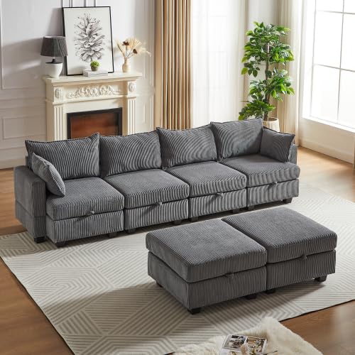 6 Seater Oversized Free Combination Convertible Modular Sectional Sofa, U / L Shaped Extra Large Corduroy Reversible Sleeper Corner Couch with Storage and Movable Ottomans for Living Room Apartment