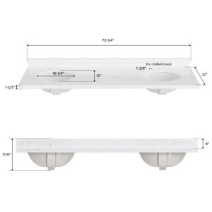 ARIEL 72 inch double bathroom vanity top with sink, 1.5 Inch Thick Miter Edge Carrara White Quartz top, Oval double sink vanity top, Includes Backsplash