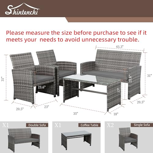 Shintenchi 4-Piece Outdoor Gray Wicker Patio Conversation Furniture Set, Rattan Patio Furniture Set with Weather Resistant Cushions and Tempered Glass Tabletop,Grey