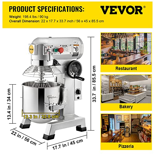 VEVOR Commercial Food Mixer, 30Qt Commercial Mixer with Timing Function, 1100W Stainless Steel Bowl Heavy Duty Electric Food Mixer Commercial with 3 Speeds Adjustable 108/199/382 RPM, Dough Hook Whisk