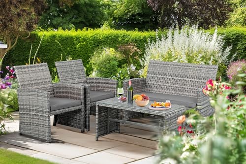 Shintenchi 4-Piece Outdoor Gray Wicker Patio Conversation Furniture Set, Rattan Patio Furniture Set with Weather Resistant Cushions and Tempered Glass Tabletop,Grey