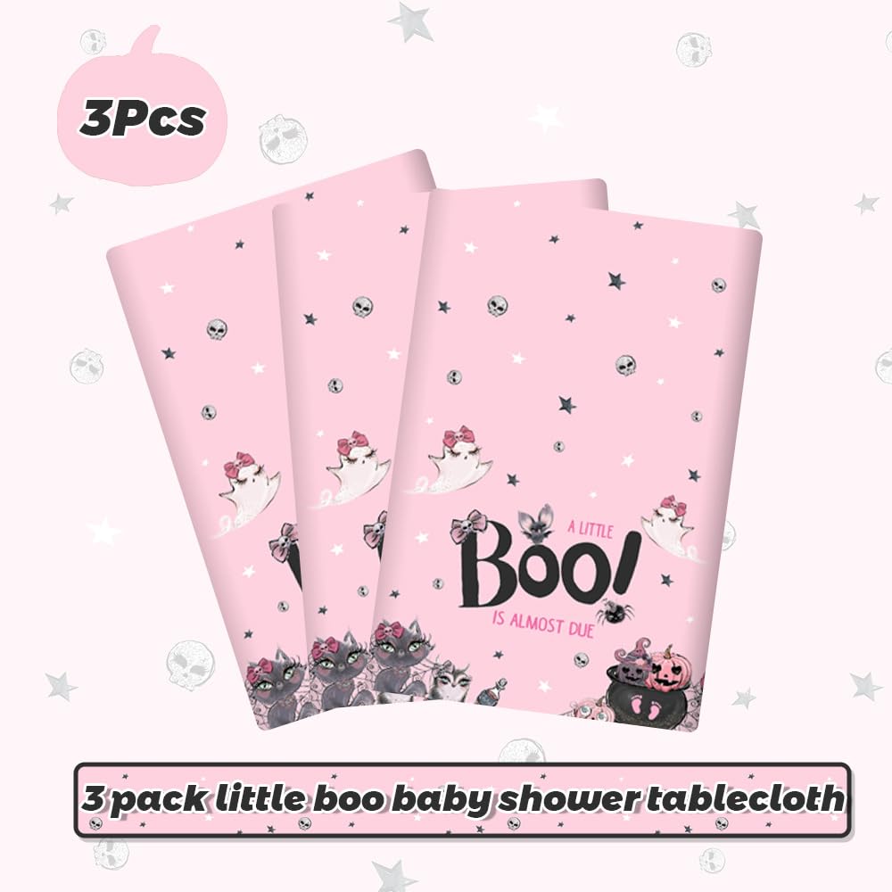 MEHOFOND 3 PCS Pink Halloween Baby Shower Plastic Tablecloths, Little Boo Baby Shower Disposable Table Cover Decorations, a Little Boo is Almost Due Disposable Tablecloth, Halloween Desk Party Decor