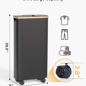 Slim Laundry Hamper with Wheels, 60L Rolling Laundry Basket with Lid and 2-Inch Silent Wheels, Small Clothes Hamper with Bamboo Handles for Clothes Toys in Dorm Bedroom Bathroom, Black