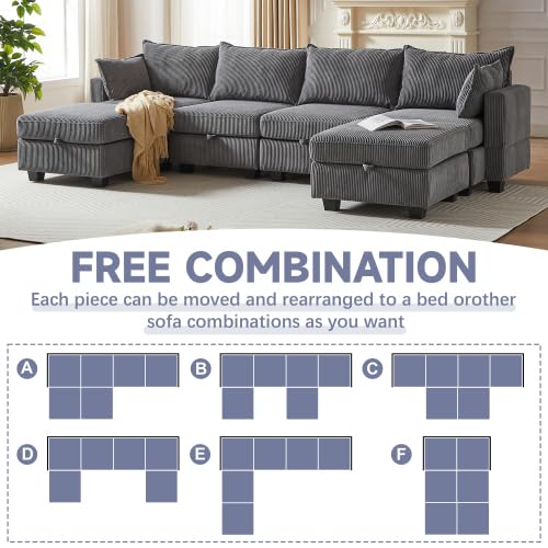 6 Seater Oversized Free Combination Convertible Modular Sectional Sofa, U / L Shaped Extra Large Corduroy Reversible Sleeper Corner Couch with Storage and Movable Ottomans for Living Room Apartment