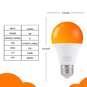 KINUR LED Amber Light Bulbs, A19 9W(60W Equivalent) 1800K E26 A19 Amber Soft Light Bulbs Warm Light Bulbs for Bedroom, Healthy Sleep, Baby Nursery Light, Turtle Friendly Light Bulbs 4 Pack