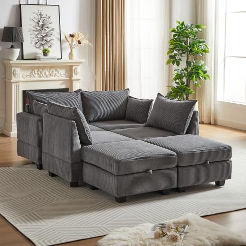 6 Seater Oversized Free Combination Convertible Modular Sectional Sofa, U / L Shaped Extra Large Corduroy Reversible Sleeper Corner Couch with Storage and Movable Ottomans for Living Room Apartment