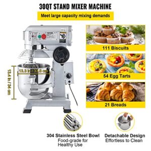 VEVOR Commercial Food Mixer, 30Qt Commercial Mixer with Timing Function, 1100W Stainless Steel Bowl Heavy Duty Electric Food Mixer Commercial with 3 Speeds Adjustable 108/199/382 RPM, Dough Hook Whisk