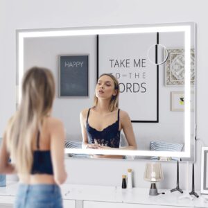 Gvnkvn Makeup Vanity Mirror with USB Charging Port 28" x 22" Large LED Makeup Mirror, Desk Mirorr with Lights, Light up Mirror with 10X Magnification and, Dimmable 3 Modes, Touch Control White