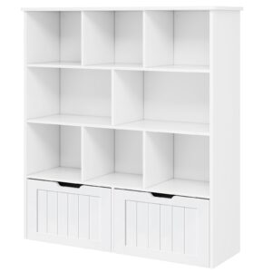 Toy Storage Organizer with Bookshelf, Large Toy Organizers and Storage 2 Movable Drawers with Hidden Wheels and 8 Storage Cubbies, Kids Bookshelf and Toy Storage Chest, Playroom Furniture, White