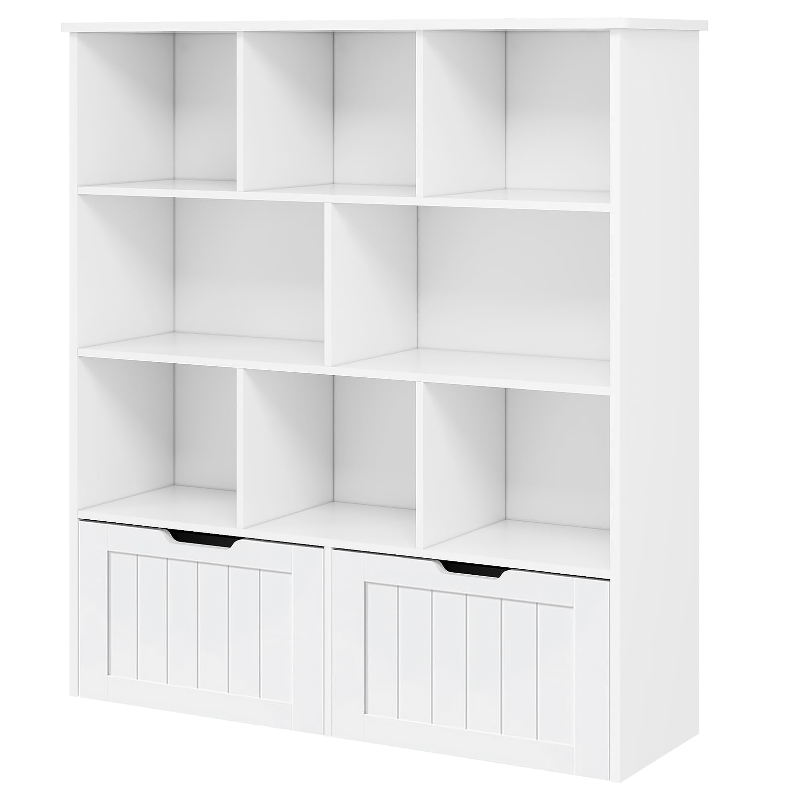 Toy Storage Organizer with Bookshelf, Large Toy Organizers and Storage 2 Movable Drawers with Hidden Wheels and 8 Storage Cubbies, Kids Bookshelf and Toy Storage Chest, Playroom Furniture, White