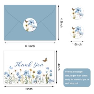 Whaline 24Pcs Blue Wildflower Thank You Cards with Envelopes and Stickers Dusty Blue Flower Greeting Cards Floral Blank Note Cards for Wedding Bridal Baby Shower