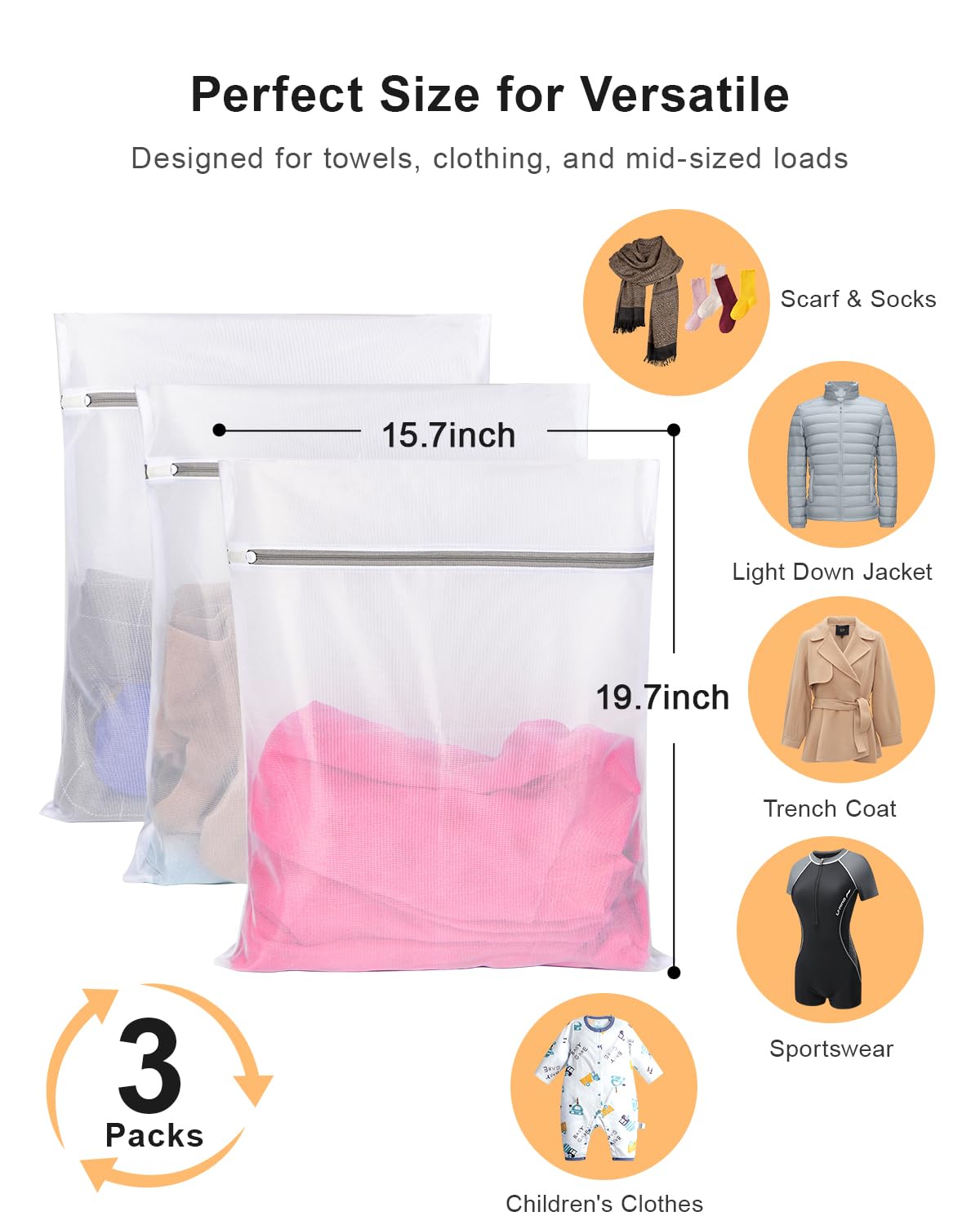 Anyongora 3Pcs Long-Lasting Mesh Laundry Bags (15.7x19.6 Inches) - Protects Delicates, Fine Mesh, Reusable Laundry Bag for Delicates, Laundry Bags Mesh Wash Bags for Home, Travel, Dorm, Gym