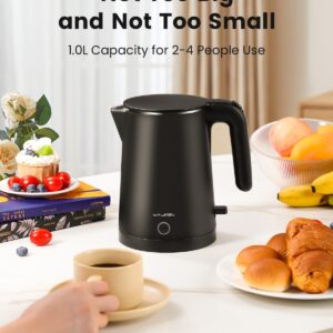 WTJMOV Electric Kettle Stainless Steel, 1.0L Small Water Boiler 1200W Fast Boiling, Double Wall Tea Kettle Pot Automatic Shut Off, Durable Coffee & Tea Maker/Warmer/Heater Black