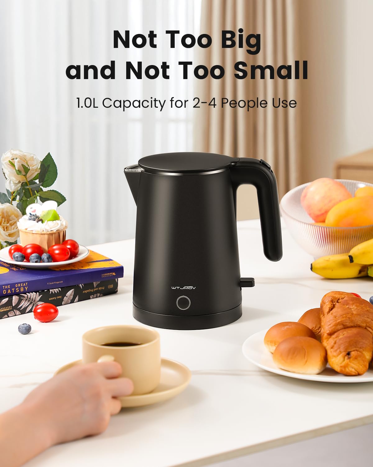 WTJMOV Electric Kettle Stainless Steel, 1.0L Small Water Boiler 1200W Fast Boiling, Double Wall Tea Kettle Pot Automatic Shut Off, Durable Coffee & Tea Maker/Warmer/Heater Black