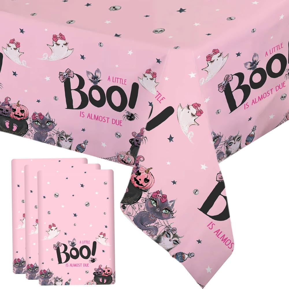 MEHOFOND 3 PCS Pink Halloween Baby Shower Plastic Tablecloths, Little Boo Baby Shower Disposable Table Cover Decorations, a Little Boo is Almost Due Disposable Tablecloth, Halloween Desk Party Decor