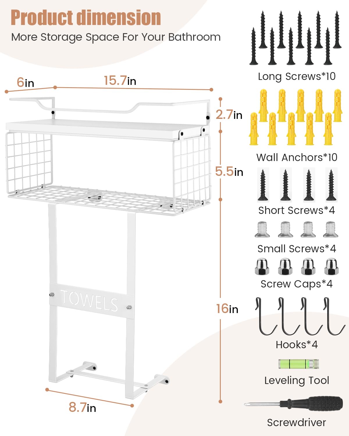 Towel Racks for Bathroom Wall Mounted - Bath Wall Towel Holder Set Above Toilet Storage, Rolled Towel Shelf Organizer for Small Bathroom All White, Wood Vertical Towel Rack for Bathroom Wall Decor