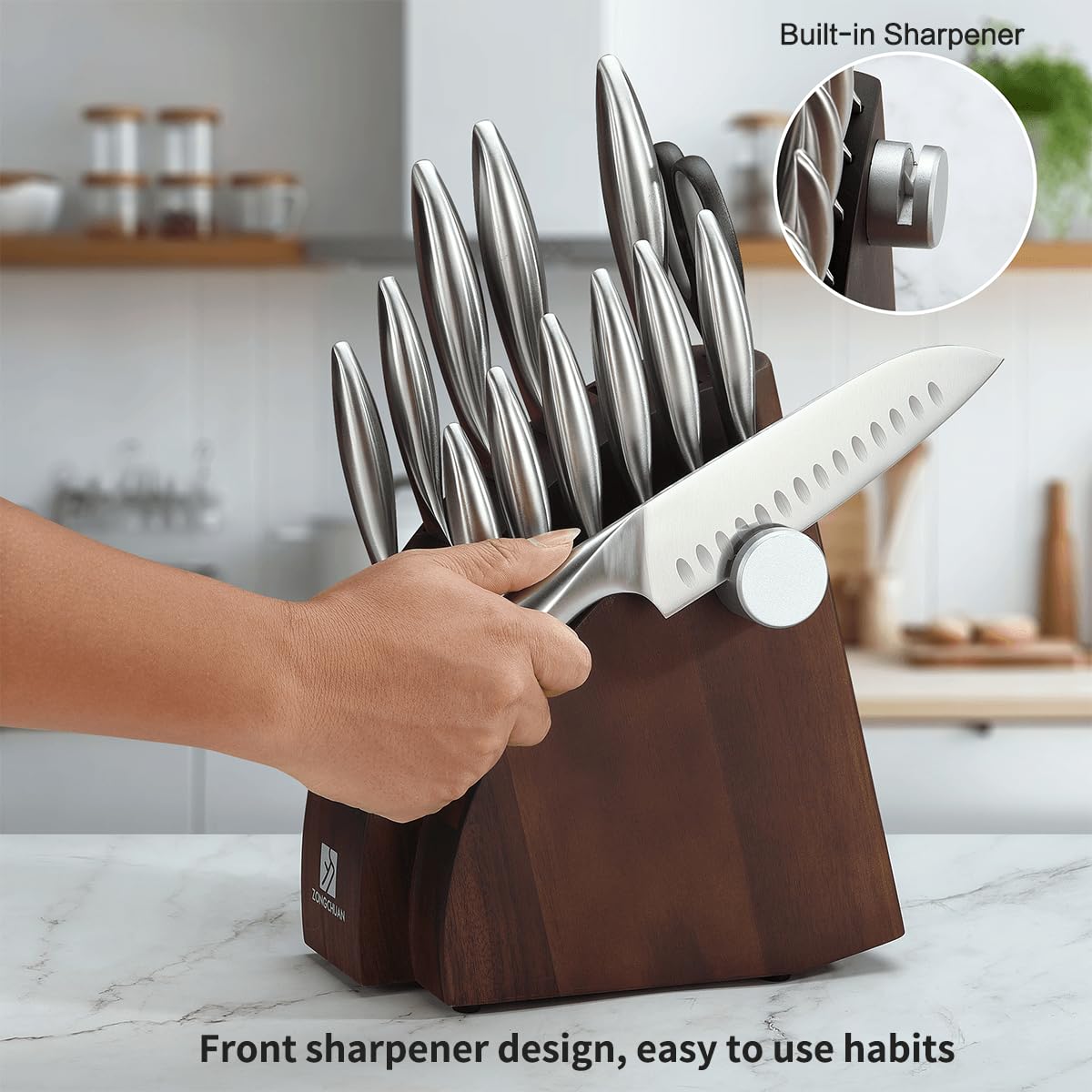 Zongchuan 15-Piece Knife Sets,Ultra-Smooth Cutting Professional Grade Sharp,One-Piece 50Cr15Mov Stainless Steel Kitchen Knife Block Set with Sharpener,Handle Ergonomic Design,Dishwasher Safe