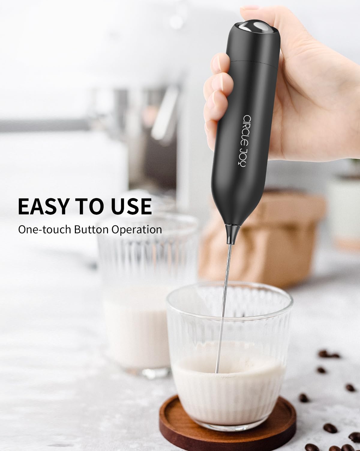 CIRCLE JOY Milk Frother Hanheld with Stand, Electric Coffee Frother, Battery Operated Hand Frother Wand Drink Mixer Mini Foamer for Matcha Lattes Cappuccino, Kitchen Gifts, Black