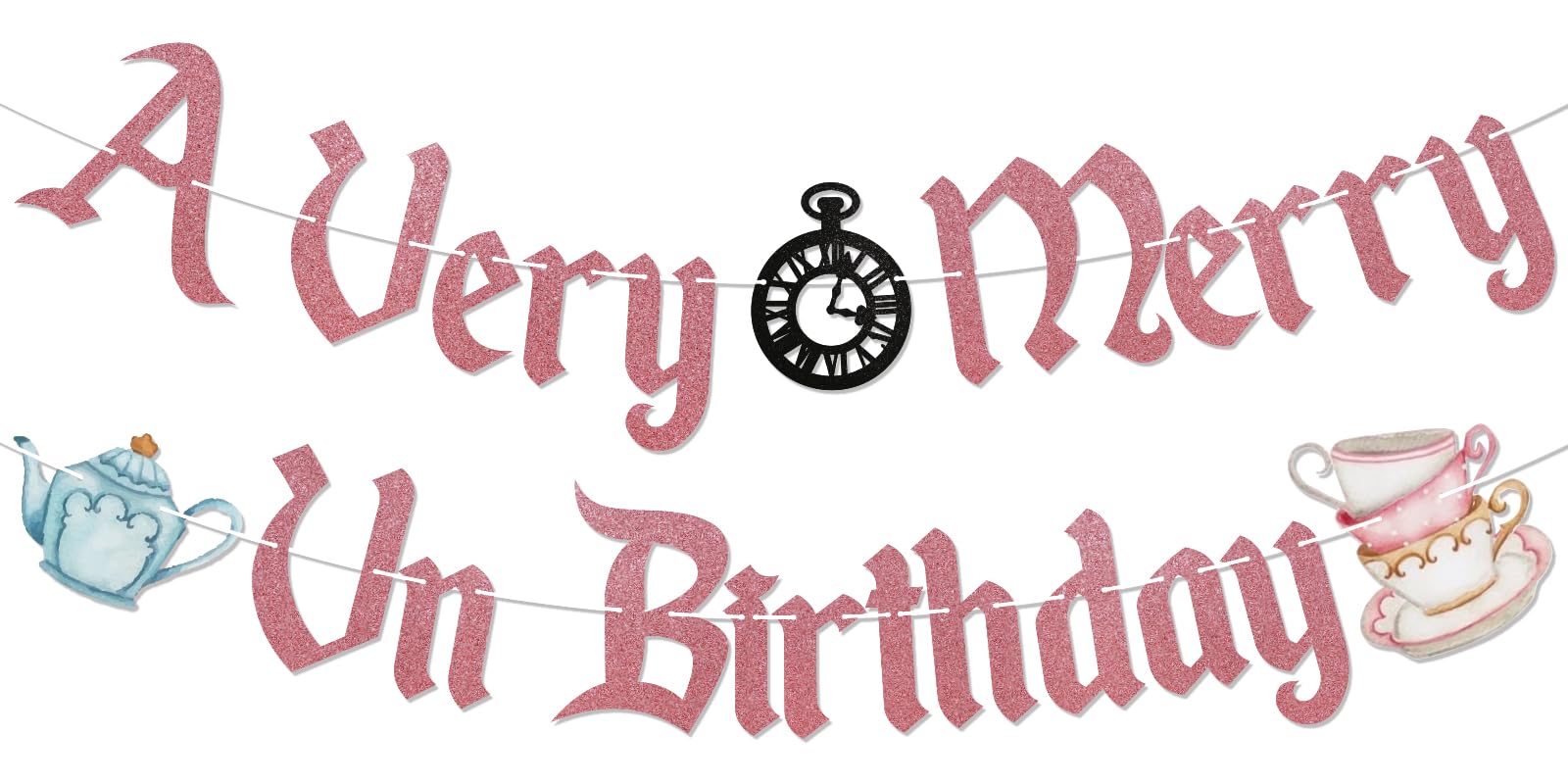 A Very Merry UnBirthday Banner, Wonderland Birthday Party Decorations for Girl, Funny Birthday Party Decor Rose Gold Glitter