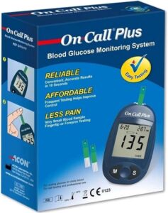 generic on-call plus blood glucose glucometer with 200 test strips blue