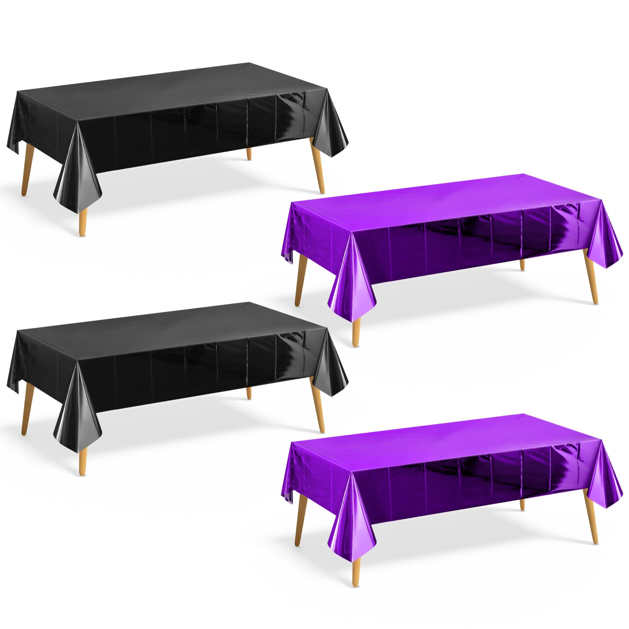 Just Shimmer 4 Pieces Black & Dark Purple Foil Tablecloth 54 * 72inch Plastic Birthday Party Table Cloths Disposable Waterproof Table Cover for Halloween Christmas Wedding Graduation Party Supplies