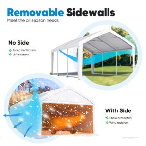 Quictent 13’x20’ Heavy Duty Carport Car Canopy Galvanized Car Boat Shelter with Removable Sidewalls, Reinforced Top Poles and Ground Bar-White