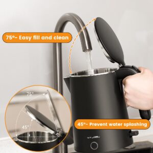 WTJMOV Electric Kettle Stainless Steel, 1.0L Small Water Boiler 1200W Fast Boiling, Double Wall Tea Kettle Pot Automatic Shut Off, Durable Coffee & Tea Maker/Warmer/Heater Black