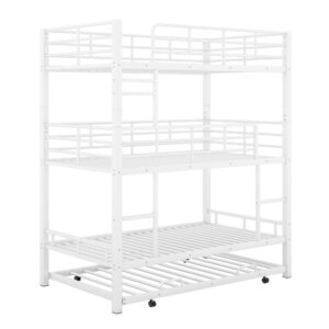 Harper & Bright Designs White Triple Bunk Bed with Trundle, Twin Over Twin Bunk Beds, Metal Quad Bunk Beds, 3 Bunk Beds with 2 Ladders & Guardrails, Convertible Heavy Duty Steel Frame