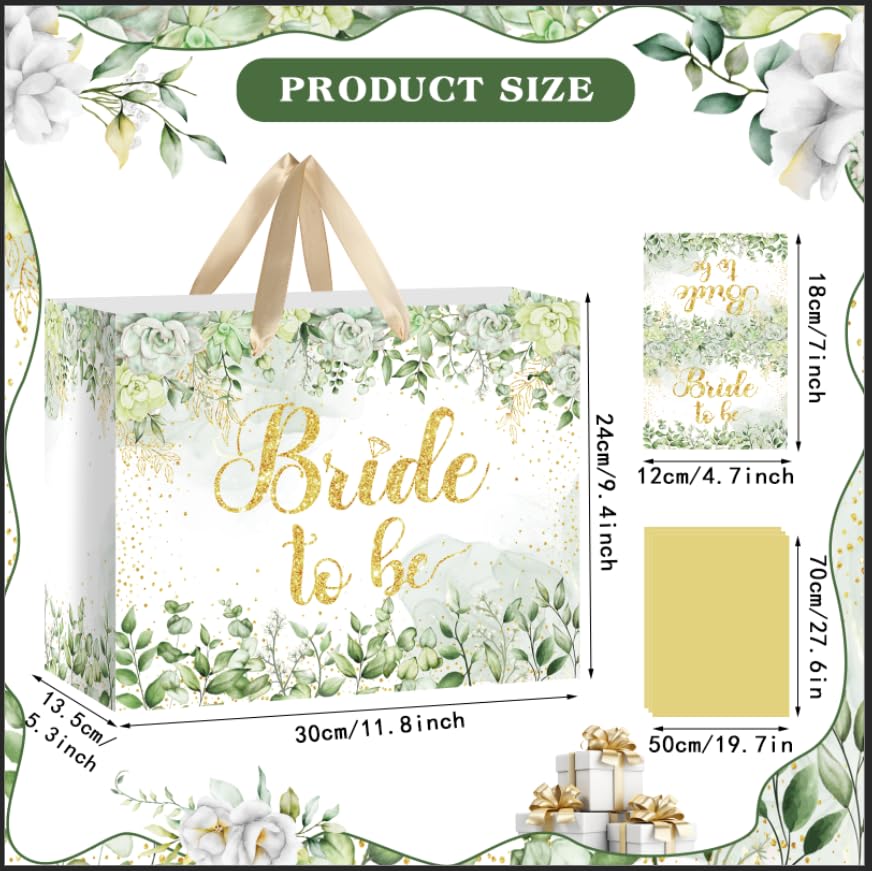 Bride Gift Bag Sage Green Bridal Shower Gift Bags with Cards Tissue Paper Large Bridal Gift Wrapping Bag Bachelorette Engagement Wedding Shower Gift Bag for Sage Green Christmas Bride to Be Party Decoration