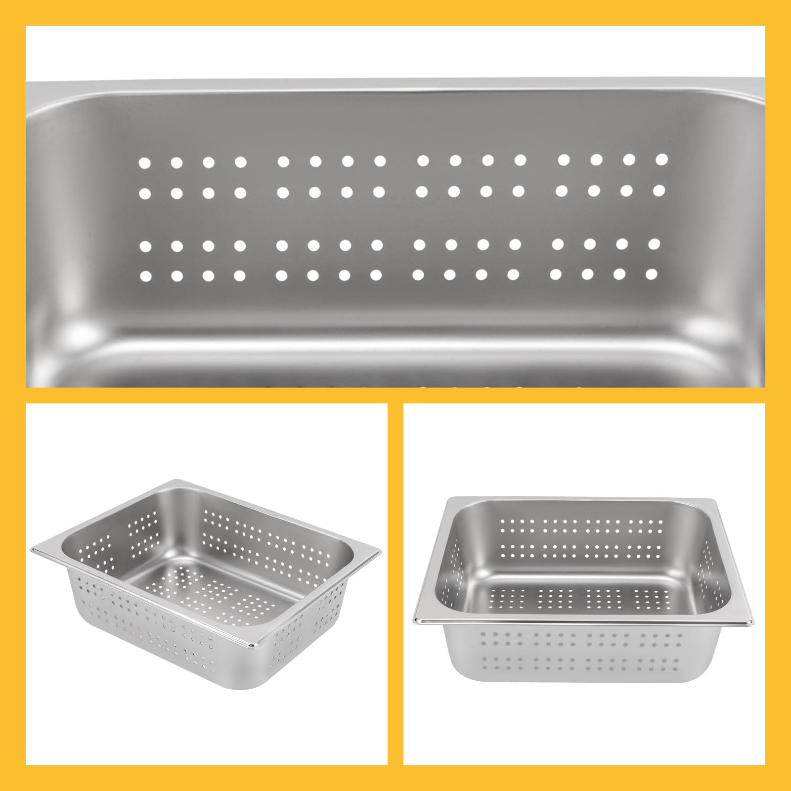 4" Deep Perforated Pan+6" Deep Steam Teable Pan+Lid, 1/2 Size Food Pan for Commercial or Personal, 6.23Qt and 9.4Qt Stainless Steel Steam Pan Set, Full Size Hotel Pan, Steam Table Tray for Food Warmer