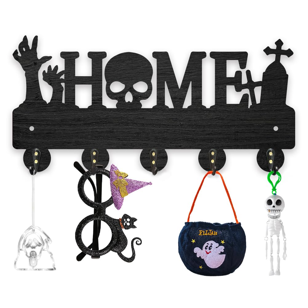 MAYJOYDIY Halloween Home Skeleton Hand Key Holder for Wall 11.8x5.7inch Wood Skull Grave Key Rack with 5 Alloy Hooks Key Rack Organizer for Gift Entryway Front Door Hallway Key Organizer