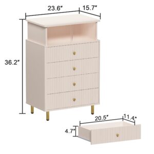 ChooChoo Dresser for Bedroom with Large Capacity, 4 Drawer Dresser with LED and Acrylic, Modern White and Gold Dresser Tall, Chest of Drawers with Storage Space for Hallway, Entryway (Pink)