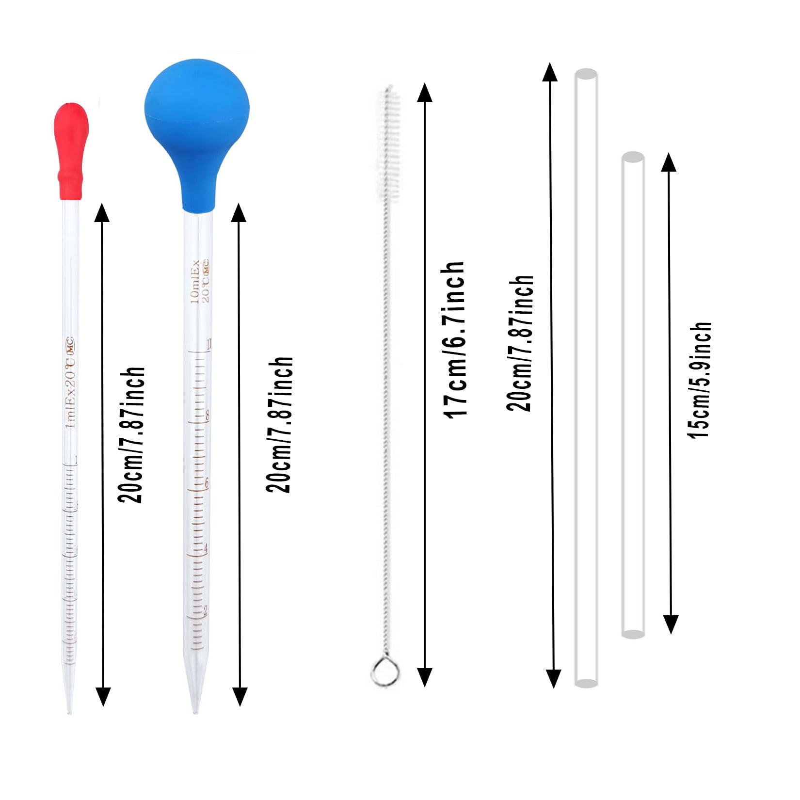 luckkyme 5PCS Glass Pipettes Dropper, 1ml 2ml 3ml 5ml 10ml Graduated Liquid Dropper, 2PCS Rubber Bulb, 2PCS Glass Stir Sticks Cleaning Brush, Transfer Pipettes