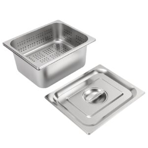 4" Deep Perforated Pan+6" Deep Steam Teable Pan+Lid, 1/2 Size Food Pan for Commercial or Personal, 6.23Qt and 9.4Qt Stainless Steel Steam Pan Set, Full Size Hotel Pan, Steam Table Tray for Food Warmer