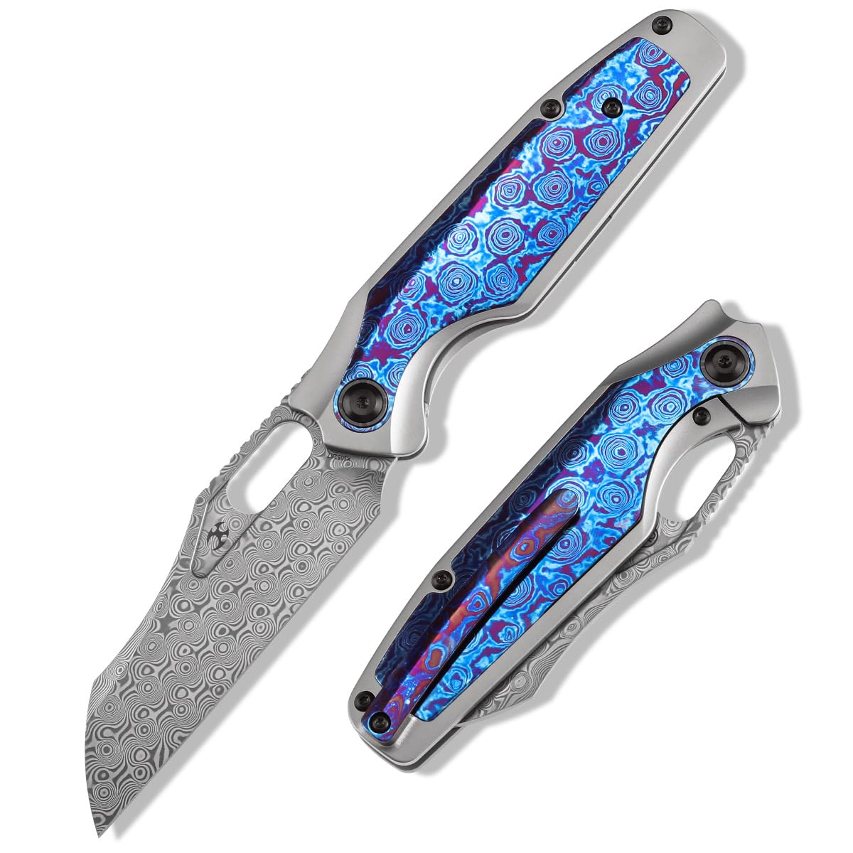 KANSEPT Tuckamore Camping Pocket Knives for Men 8.12in Folding Pocket Knives with 3.54in Damascus Material and Titanium Timascus Timascus Clip Handle for Outdoor, Tactical, Survival K1052A7