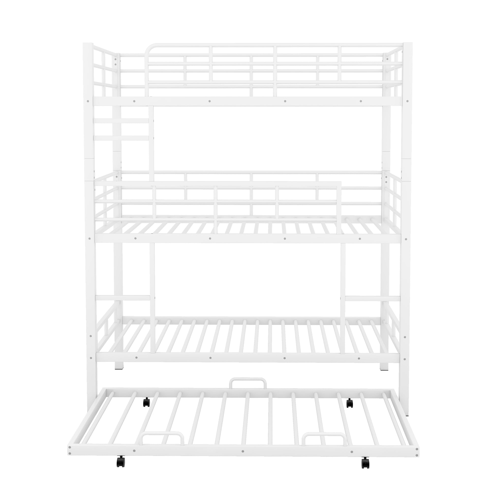 Harper & Bright Designs White Triple Bunk Bed with Trundle, Twin Over Twin Bunk Beds, Metal Quad Bunk Beds, 3 Bunk Beds with 2 Ladders & Guardrails, Convertible Heavy Duty Steel Frame