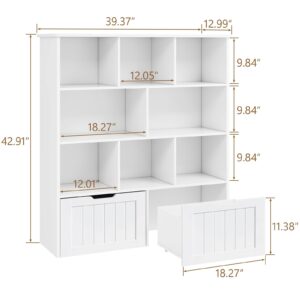 Toy Storage Organizer with Bookshelf, Large Toy Organizers and Storage 2 Movable Drawers with Hidden Wheels and 8 Storage Cubbies, Kids Bookshelf and Toy Storage Chest, Playroom Furniture, White