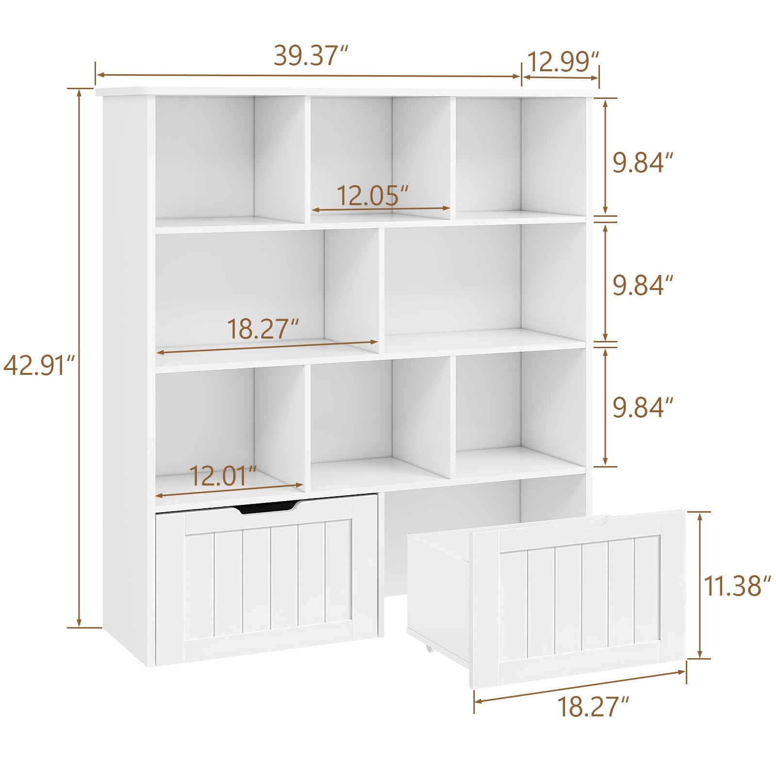 Toy Storage Organizer with Bookshelf, Large Toy Organizers and Storage 2 Movable Drawers with Hidden Wheels and 8 Storage Cubbies, Kids Bookshelf and Toy Storage Chest, Playroom Furniture, White