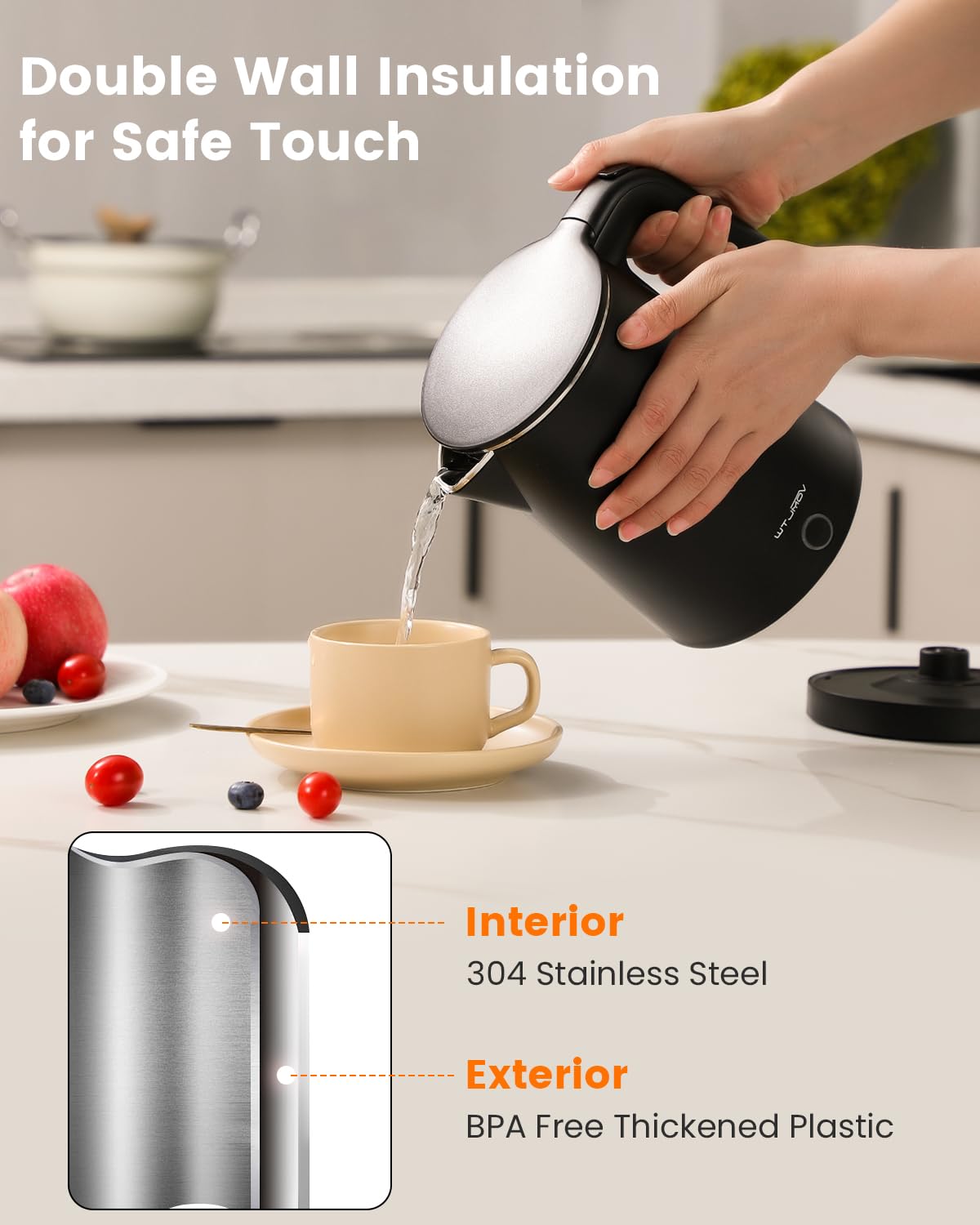 WTJMOV Electric Kettle Stainless Steel, 1.0L Small Water Boiler 1200W Fast Boiling, Double Wall Tea Kettle Pot Automatic Shut Off, Durable Coffee & Tea Maker/Warmer/Heater Black