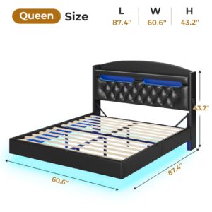 BTHFST Floating Bed Frame Queen Size with Charging Station & Hidden Storage Headboard, RGB Floating Platform Bed, No Box Spring Needed, PU Black