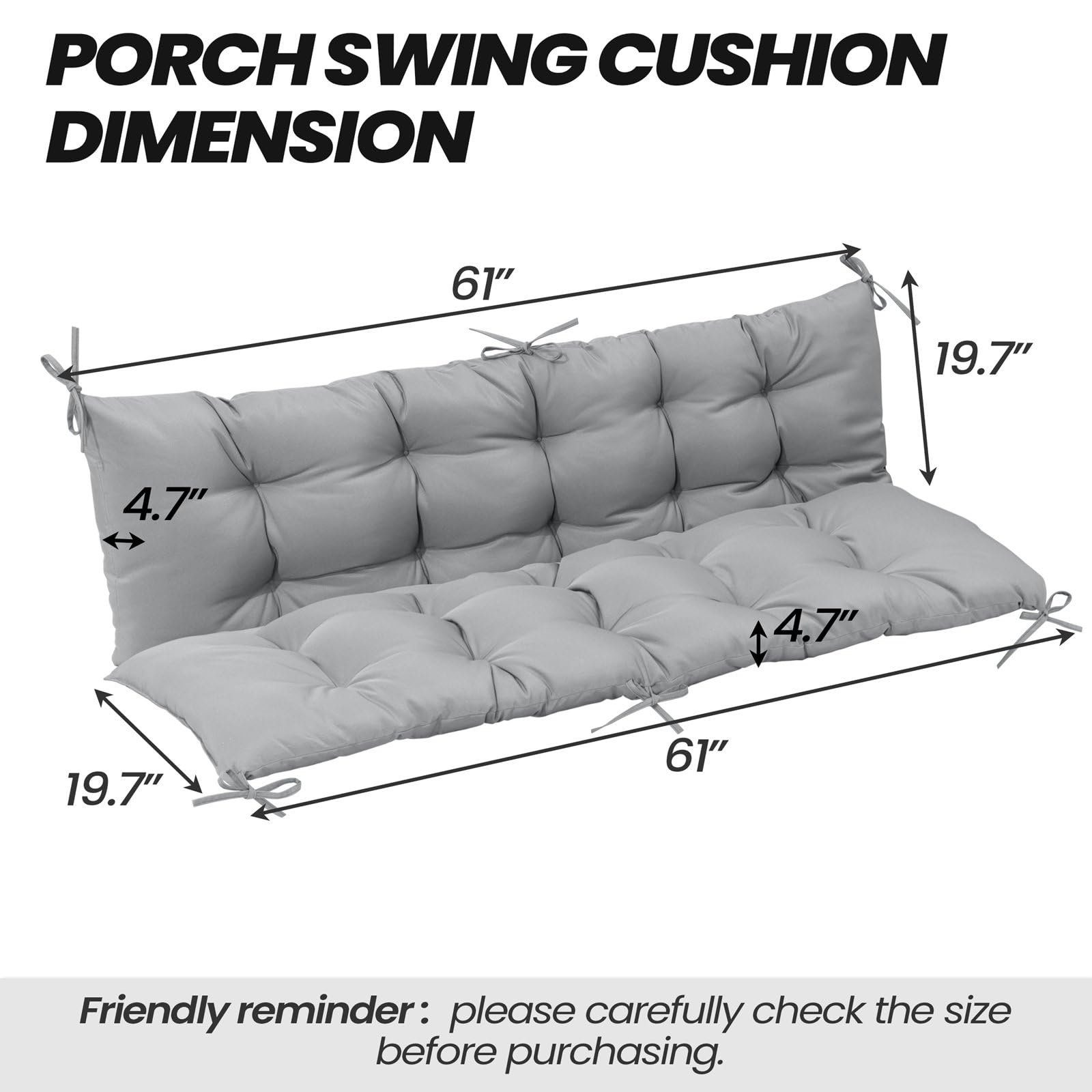 Crestlive Products Outdoor Porch Swing Cushion 60 Inch, Thicker 5" 2-3 Seater Waterproof Outdoor Furniture Cushion Replacement with Fixed Straps for Patio, Lawn, Outdoor, Backyard, Garden