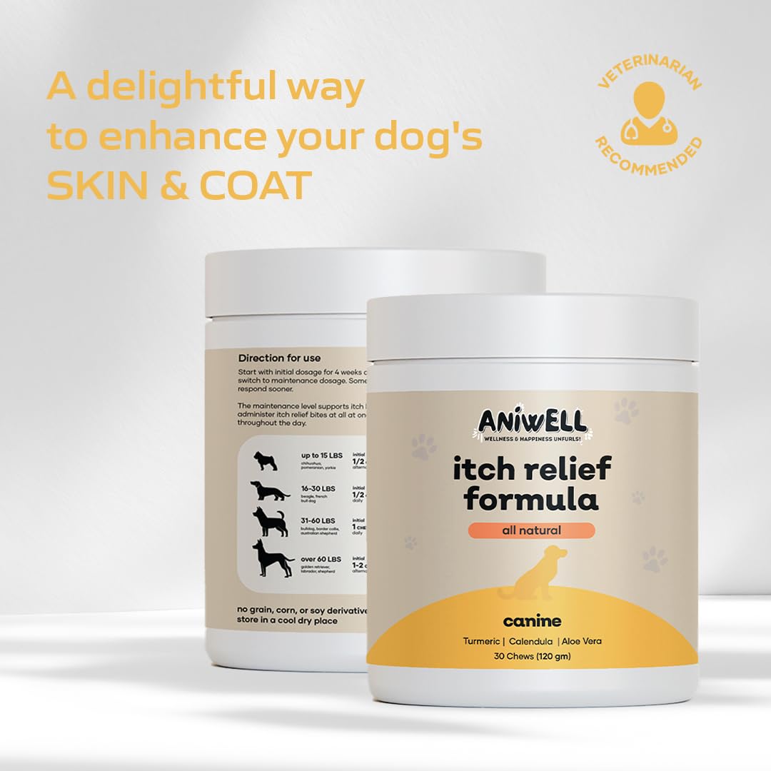 Aniwell Itch Relief Chews for Dogs – Vitamin E & Borage Oil Supplement – Packed with Beneficial Fatty Acids for Healthy Skin – Seasonal Allergies Support | Pack of 2